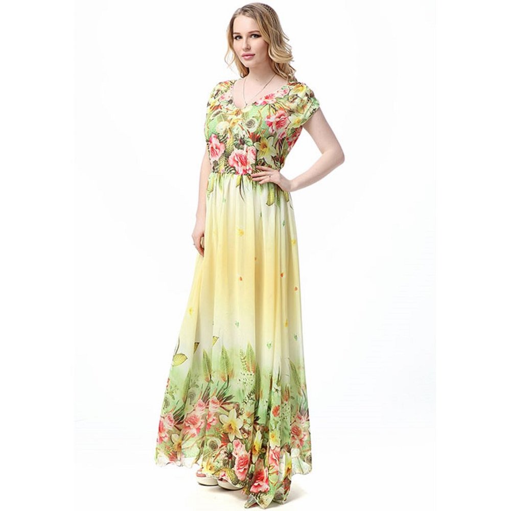 Yellow Floral Maxi Dress Short Sleeve Summer Casual Boho Dress with Lining